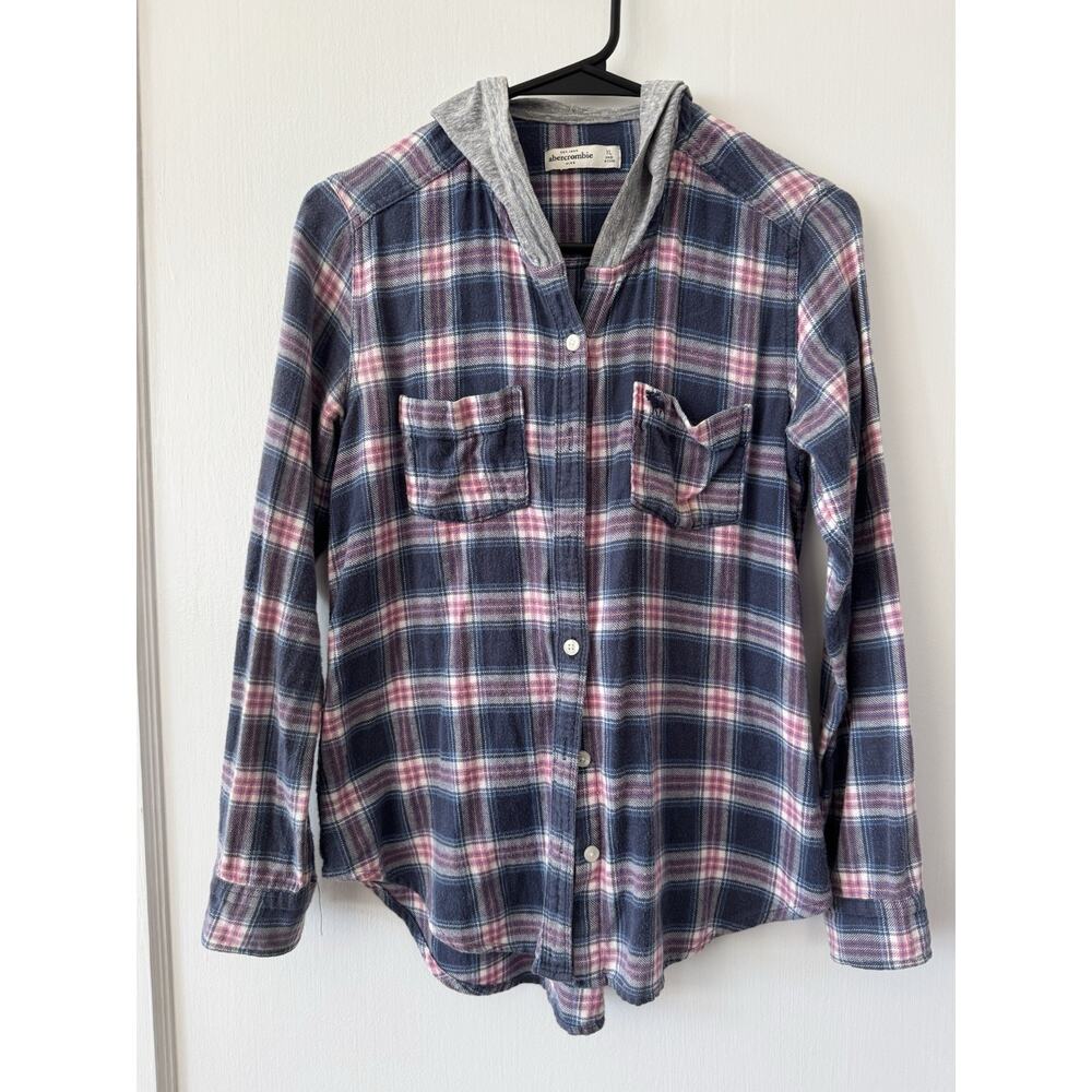 Abercrombie And Fitch Kids’ Blue Pink Plaid Hooded Flannel Size XL Women’s SM